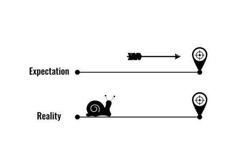 Expectation and reality plan b concept with fast arrow and slow snail. Stock Illustration