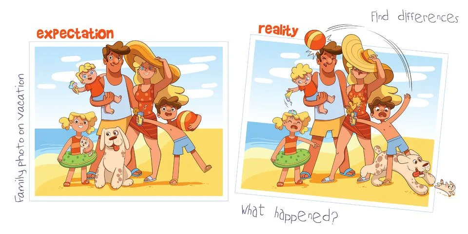 Expectation Reality. Find 10 differences. Family photo on holiday Stock Illustration