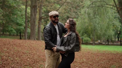 Expected couple in leather jackets. Concept of expecting child. Stock Footage 286735505