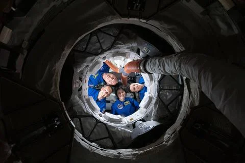 Expedition 67 Flight Engineers (clockwise from bottom) Samantha Cristofore... Stock Photos