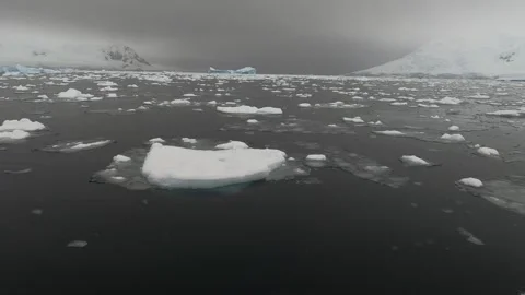 Expedition boat navigating through floating sea ice near glaciers, Antarctica Видео 335279542