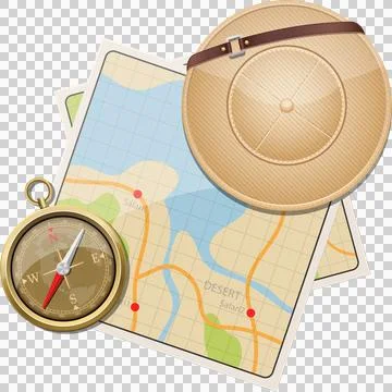 Expedition Gear: Map, Compass, and Pith Helmet ready for adventure in the g.. Stock Illustration
