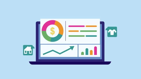 Expense analysis with financial data, reports and websites 2d with Alpha Matte Stock Footage 335800405