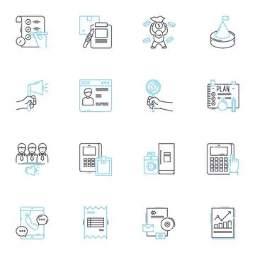 Expense control linear icons set. Budgeting, Tracking, Analysis, Cost-cutting Stock Illustration