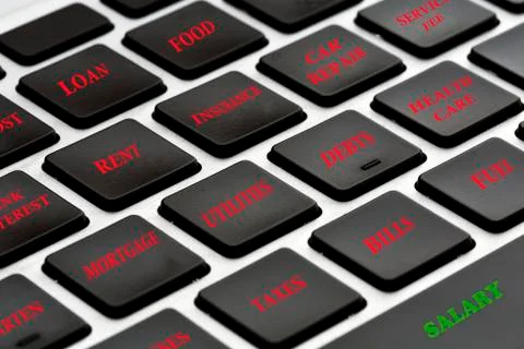 Expenses and incomes angle view Keyboard with Costs Names Stock Illustration