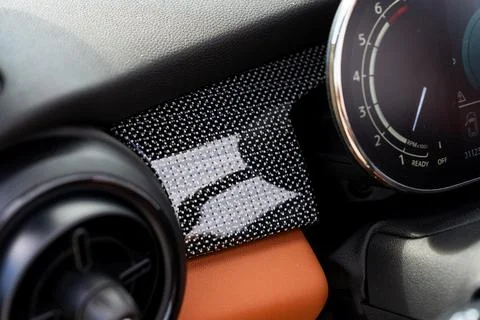 Expensive and durable carbon inserted in modern dashboard of luxury model of Stock Photos