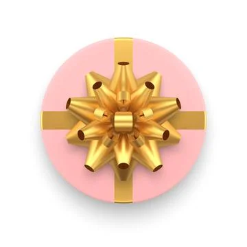 Expensive gift box container circle shape golden bow ribbon Stock Illustration