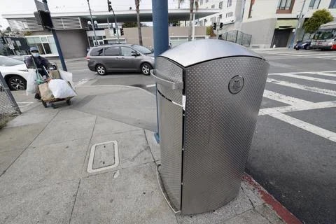 Expensive prototype trash cans in San Franciso, San Francisco, USA - 22 Aug 2022 Stock Photos