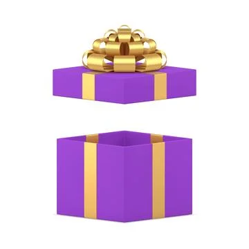 Expensive purple gift box with open cap golden bow ribbon festive package 3.. Stock Illustration