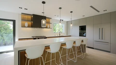 Expensive renovation idea for kitchen in spacious house with modern appliances Stock Footage 280444739