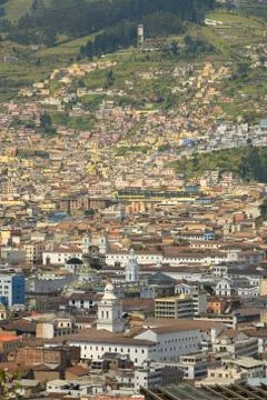 Experience the breathtaking high ground view of the historic center of Quito Stock Photos
