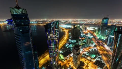 Experience the breathtaking night skyline of Doha, featuring stunning Stock Footage 289835356