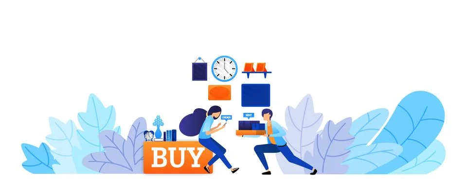 Experience of buying goods online with fast delivery buy now and shop right u Stock Illustration
