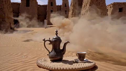 Experience the captivating Desert Tea Ceremony featuring a traditional pot and Stock Footage 303883842