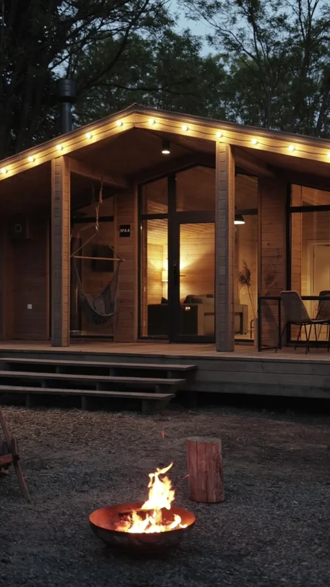 Experience the Cozy Modern Cabin featuring a delightful Firepit set Under Stock Footage 322527526