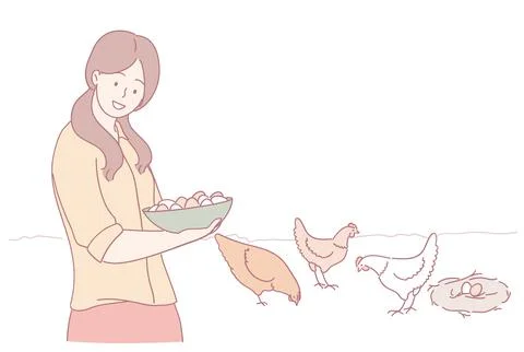 Experience the delightful process of harvesting fresh eggs laid by happy Stock Illustration