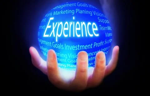 Experience globe in hand blue,concept background isolated black business Stock Illustration