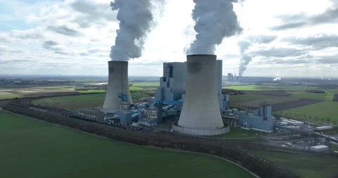 Experience the imposing and iconic cooling towers of Neurath Power Plant from Stock Footage 236498917