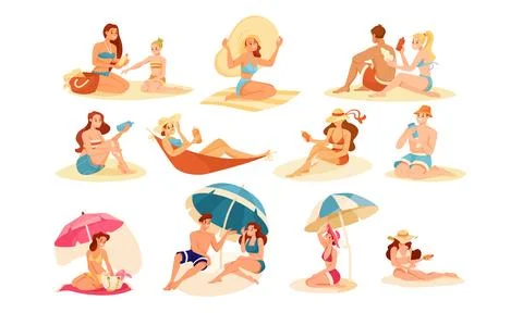 Experience Summer Beach Fun Enjoy Vibrant Illustrations of Sunbathing and Illustrazione stock