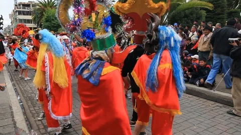 Experience the vibrant Diablada de Pillaro in Pillaro,Ecuador,as devil like Stock Footage 128427808
