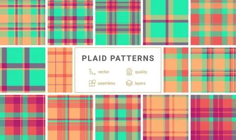 Experience this vibrant seamless plaid pattern featuring bold teal, orange, a Stock Illustration