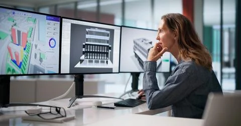 Experienced Architect Studies 3D City Model On Multiple Computer Screens. Stock Photos
