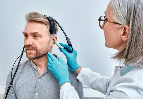 Experienced audiologist with tympanometer probe doing tympanometry procedure  Фото