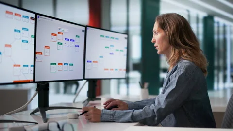 Experienced Business Manager Using Multiple Screens Video stock 337226585