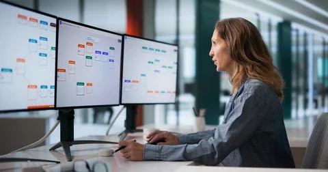 Experienced Business Manager Using Multiple Screens To Optimize Automated Wor Stockfoto's