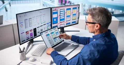Experienced Businessman Creating User-friendly Website For Travel Services. 库存照片