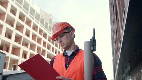 Experienced construction superintendent making notes during site inspection Stock Photos