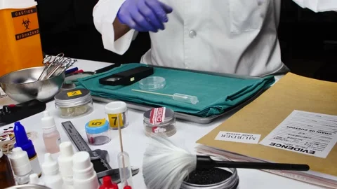 Experienced cop takes overdose victim evidence from a crime lab box Stock Footage 131614106