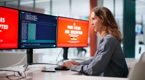 Experienced Cybersecurity Analyst Monitors Malware Threats On Multiple Comput Stock Photos