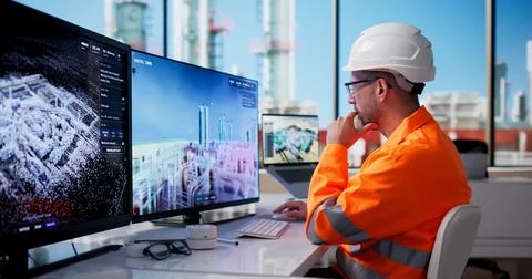 Experienced Engineer Analyzes Real-time Data On Digital Twin Screens Daily. Stock Photos