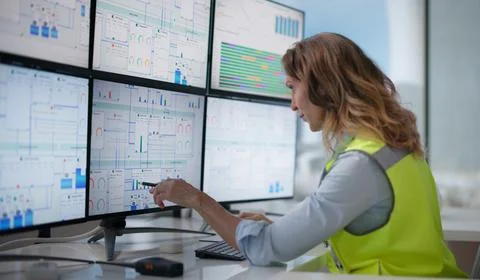Experienced Engineer Analyzes SCADA Diagrams On Multiple Screens At Refinery. Stock Photos