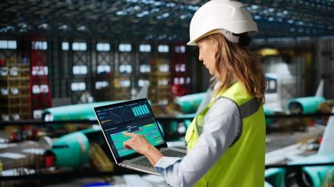 Experienced Engineer Inspects Airplane Engine Using Laptop In Aerospace Facto Stock Photos
