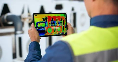 Experienced Engineer Inspects HVAC System Using Thermal Camera For Maintenanc Foto stock