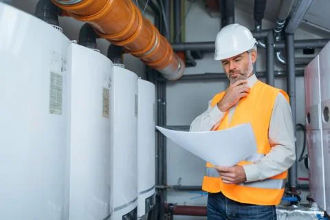 Experienced engineer serviceman trying to detect the problem inside power pla Stock Photos