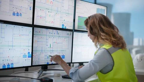 Experienced Engineer Studies SCADA Diagrams On Multiple Computer Screens. Stock Photos