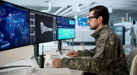 Experienced Engineer Uses Computer Software To Control Drone Factory Output. Stock Photos