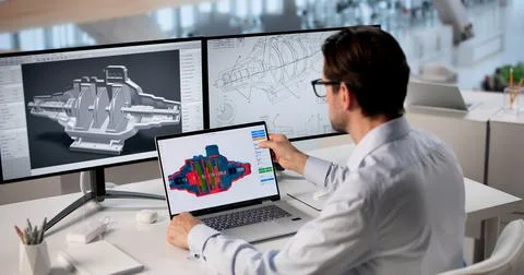 Experienced Engineer Uses Laptop Software To Design Efficient Turbine Model. Stock Photos