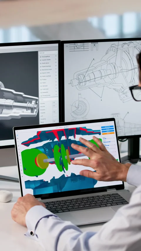 Experienced Engineer Using Laptop To Design Turbine Model Stock Footage 334932066