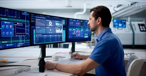 Experienced Engineer Watches SCADA System Controlling Factory Process On Comp Stock Photos