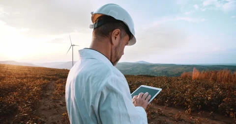 Experienced engineer in working suit holding digital tablet browsing on virtual Stock Footage 133747895