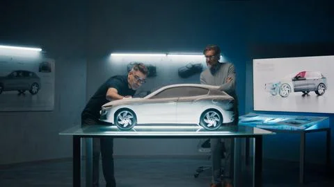 Experienced engineers make design correction infront of sculpture prototype car Stock Photos