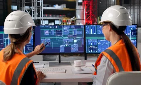 Experienced Female Engineer Reviews Software Program Controlling Rocket Assem 스톡 사진