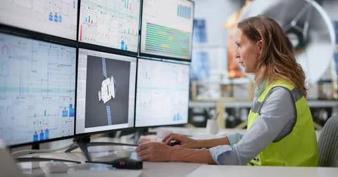 Experienced Female Engineer Studies 3D Satellite Design On Computer Screen. 写真素材