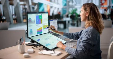 Experienced Financial Analyst Reviewing Data Dashboard On Computer For Busine Stock Photos