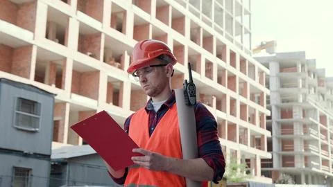 Experienced foreman taking notes during building site inspection Foto stock