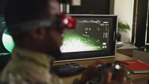 Experienced FPV drone pilot in headset improving flight skills on simulator Stock Footage 333307958